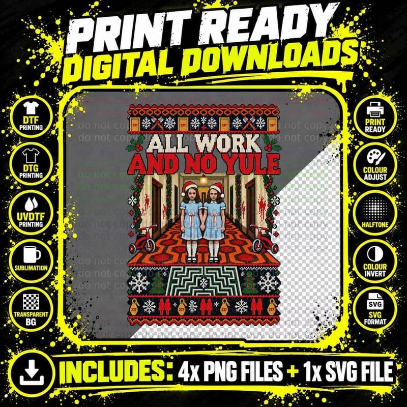 All Work And No Yule Overlook Twins 80s Cult Horror Movie Ugly Sweater T-Shirt Png SVG Digital Bundle