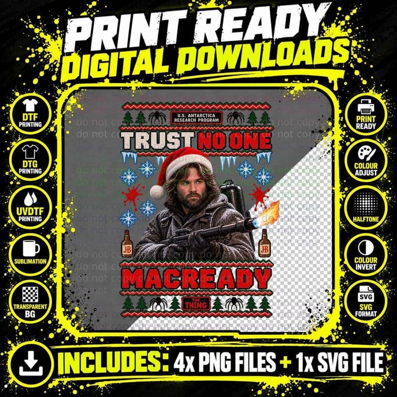 Trust No One MacReady Christmas 80s Sci Fi Horror Movie Ugly Sweater T-Shirt Png SVG Digital Bundle