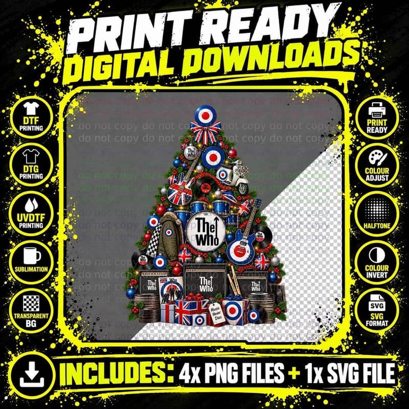 Mod Roundel Union Jack Xmas Tree Guitars 60s London Rock Band Vintage T-Shirt Png SVG Digital Bundle