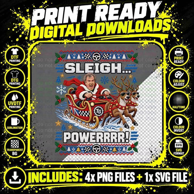 Top Gear Ugly Sweater Jeremy Clarkson Sleigh Powerrrr Png SVG Digital Bundle