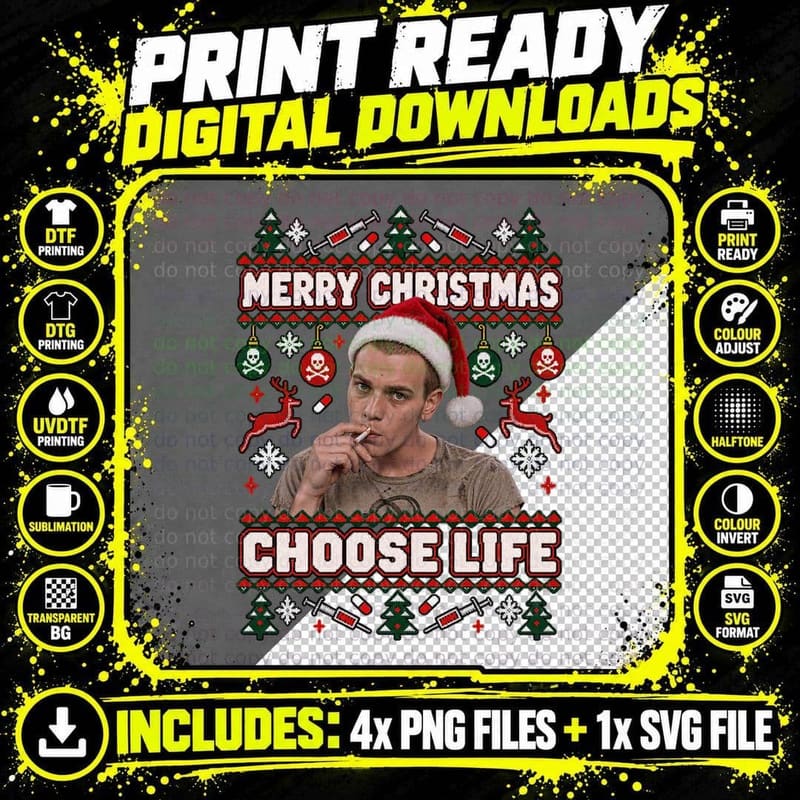 Merry Christmas Choose Life Renton Santa Hat 90s Scottish Cult Movie T-Shirt Png SVG Digital Bundle