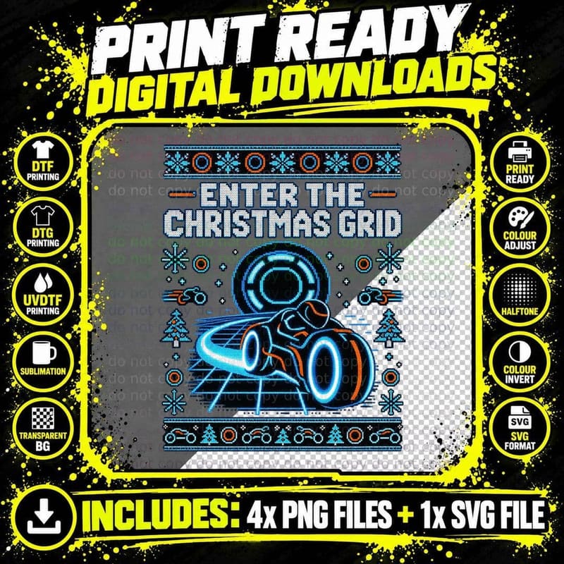 Enter The Christmas Grid Neon Light Cycle 80s Sci Fi Movie Ugly Sweater T-Shirt Png SVG Digital Bundle