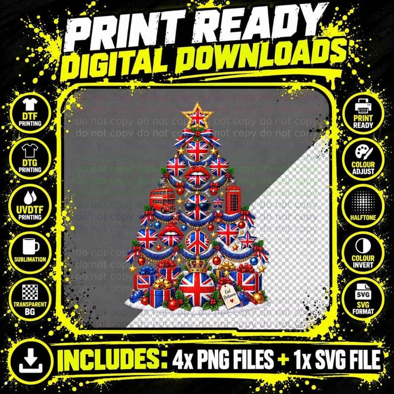 Union Jack Christmas Cool Britannia British Pop Retro Png SVG Digital Bundle