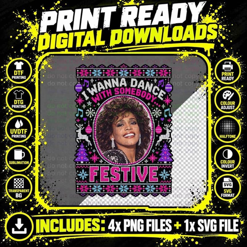 Whitney Houston Christmas Ugly Sweater I Wanna Dance 80s Png SVG Digital Bundle