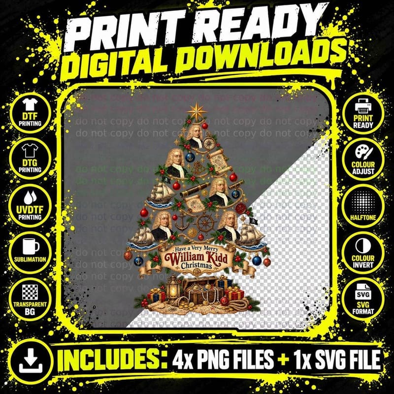 William Kidd Christmas Pirate Captain Kidd Holiday Png SVG Digital Bundle