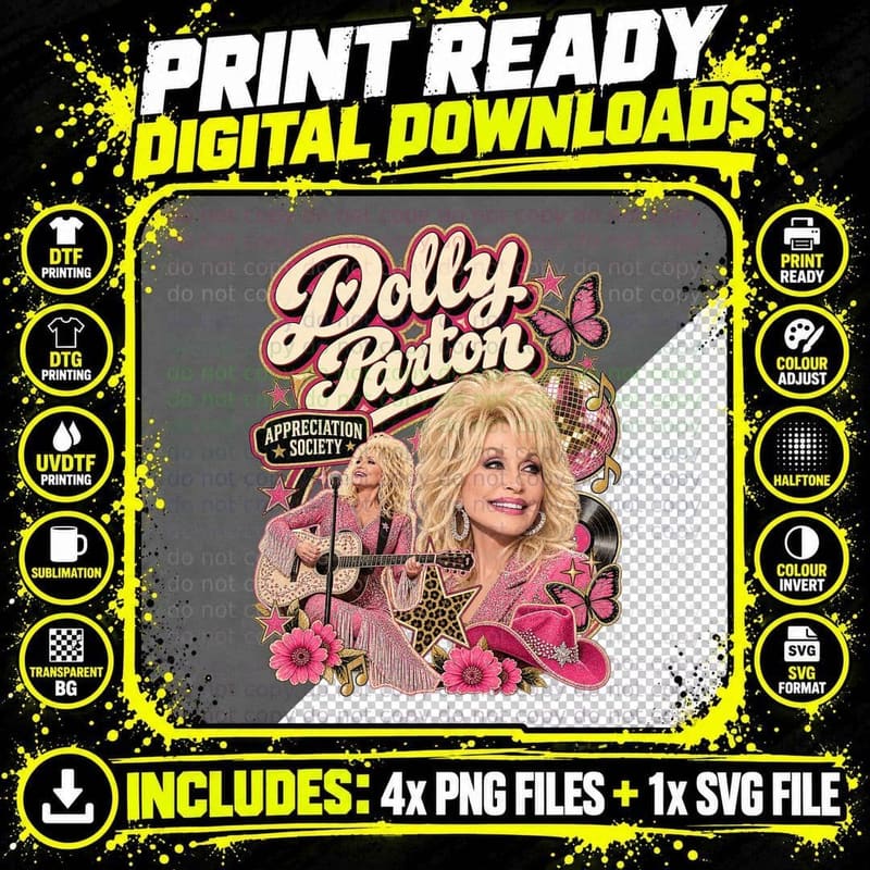 Dolly Appreciation Society Pink Cowgirl Guitar Butterfly Country Singer T-Shirt Png SVG Digital Bundle