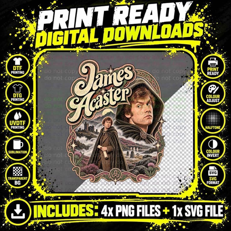 Comedian James 70s Folk Fantasy Highland Heather Castle Ruins Cloak T-Shirt Png SVG Digital Bundle