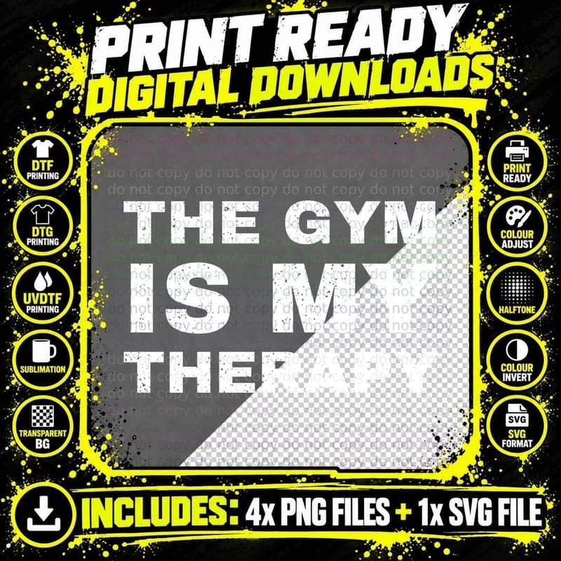 The Gym Is My Therapy Funny Workout Fitness Weightlifting Bodybuilding T-Shirt Png SVG Digital Bundle