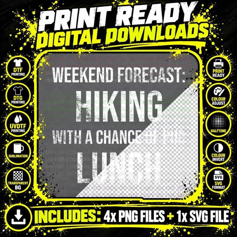 Weekend Forecast Hiking With A Chance Of Pub Lunch Funny Hiker Walking T-Shirt Png SVG Digital Bundle