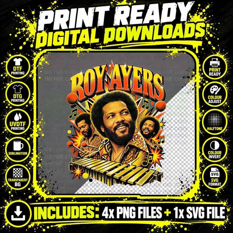 Roy Pop Art Jazz Funk Vibraphone Comic Burst Yellow Orange 70s Soul T-Shirt Png SVG Digital Bundle