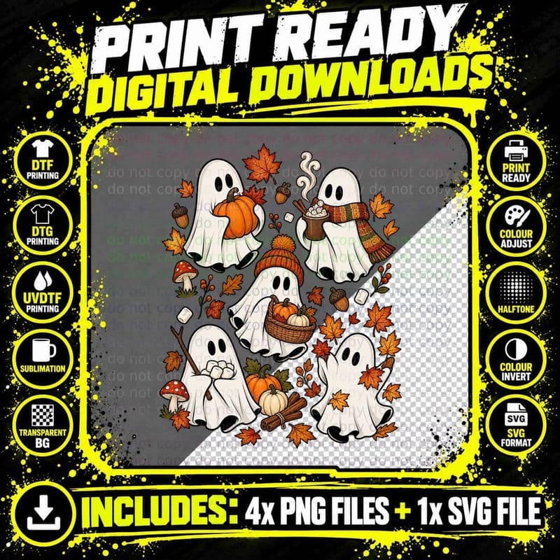 Autumn Ghost Pumpkin Hot Chocolate Cosy Fall Leaves Png SVG Digital Bundle