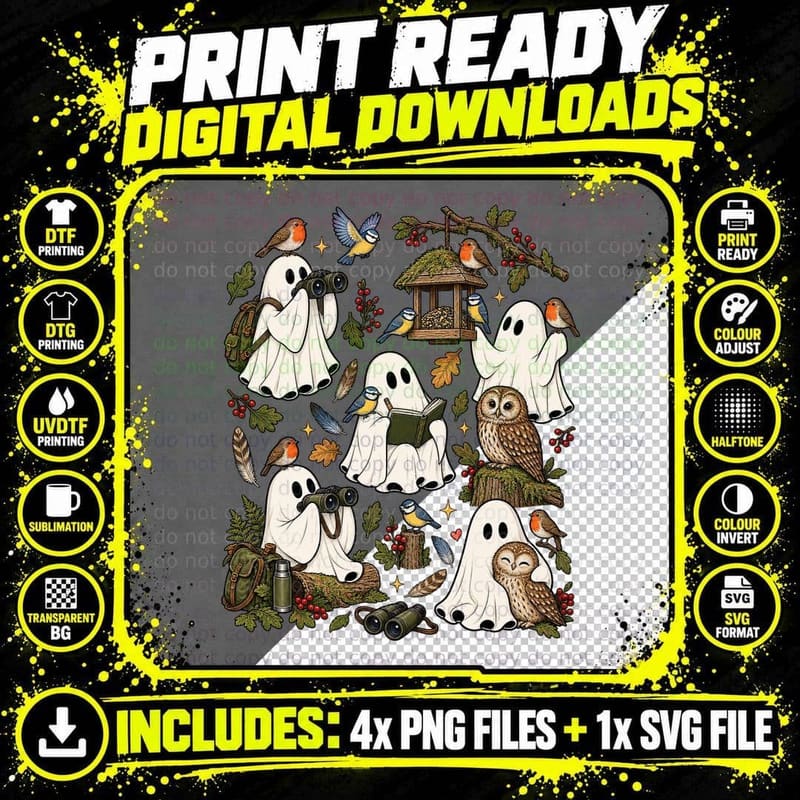 Birdwatching Ghost Bird Lover Robin Owl Blue Tit Png SVG Digital Bundle