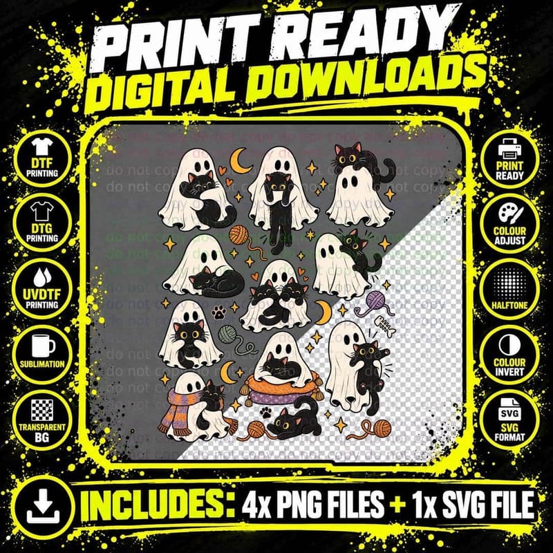 Black Cat Ghost Lover Cute Halloween Retro Spooky Cat Png SVG Digital Bundle