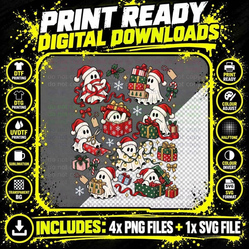 Christmas Ghost Santa Hat Gift Wrapping Fairy Lights Png SVG Digital Bundle