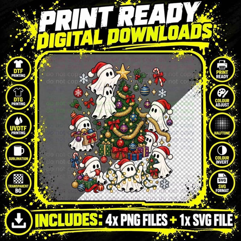 Christmas Ghost Tree Decorating Cute Festive Holiday Png SVG Digital Bundle