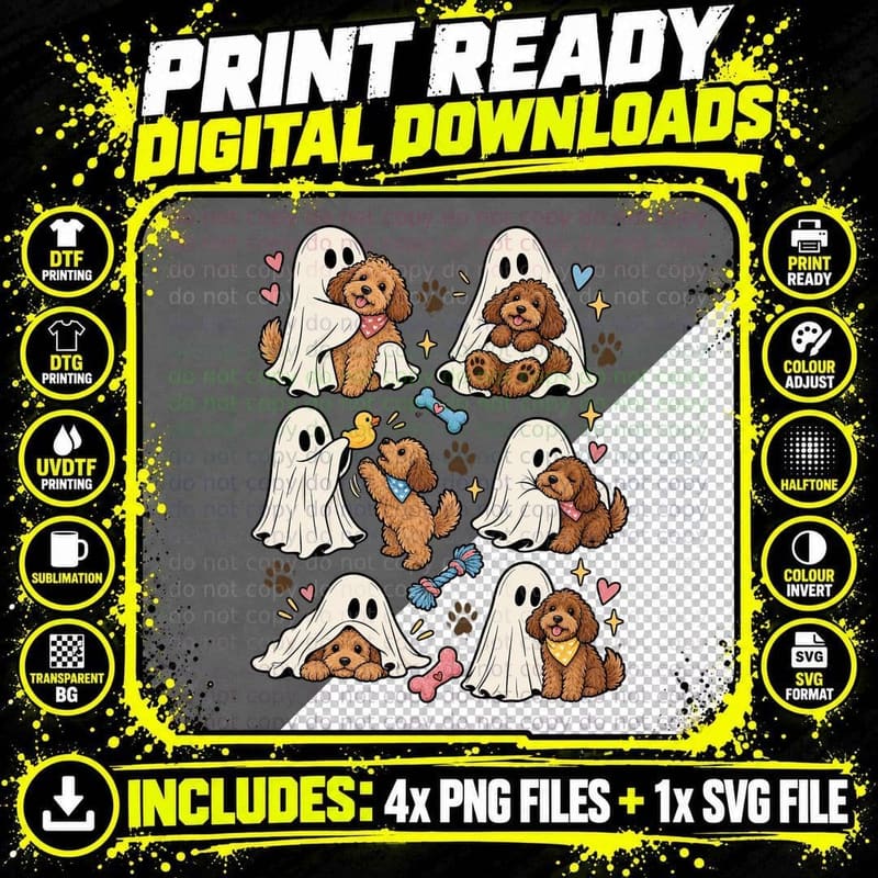 Cockapoo Ghost Puppy Dog Lover Halloween Cottagecore Png SVG Digital Bundle
