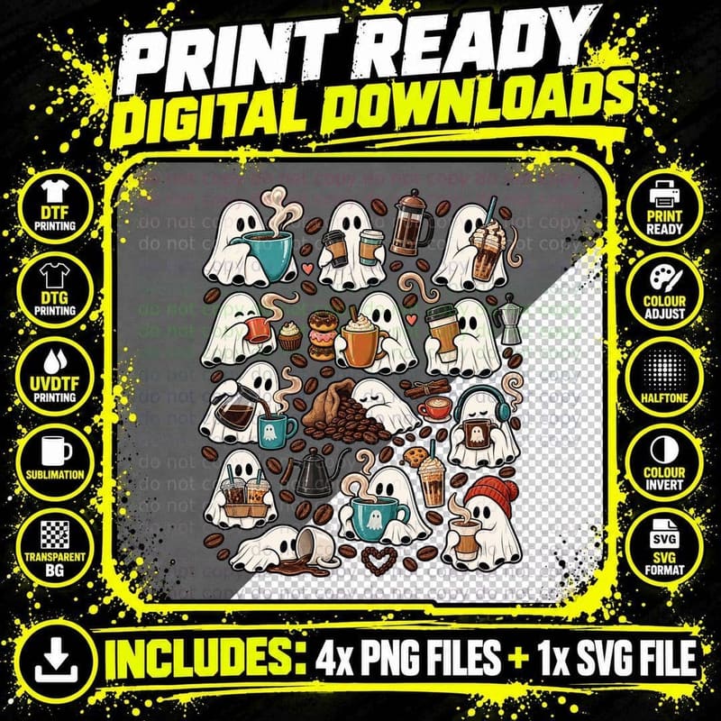 Coffee Lover Ghost Retro Halloween Cute Caffeine Cafe Png SVG Digital Bundle