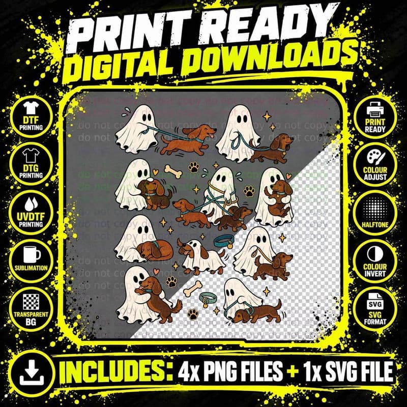 Dachshund Ghost Dog Lover Cute Halloween Retro Sausage Png SVG Digital Bundle