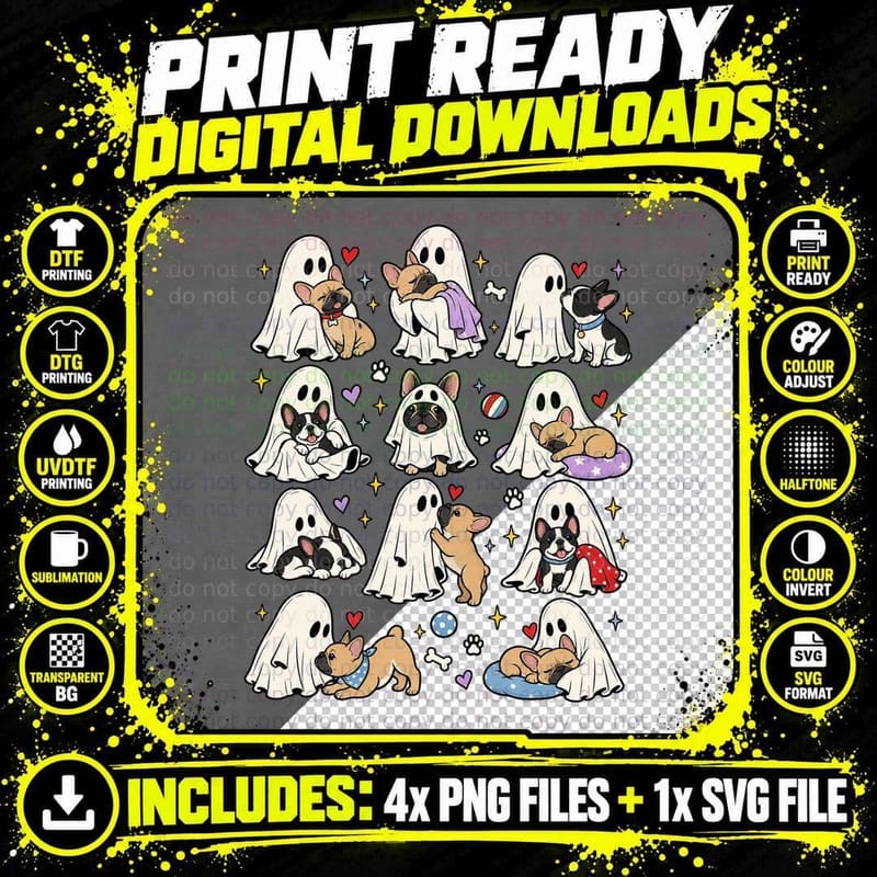 French Bulldog Ghost Dog Lover Cute Halloween Retro Png SVG Digital Bundle