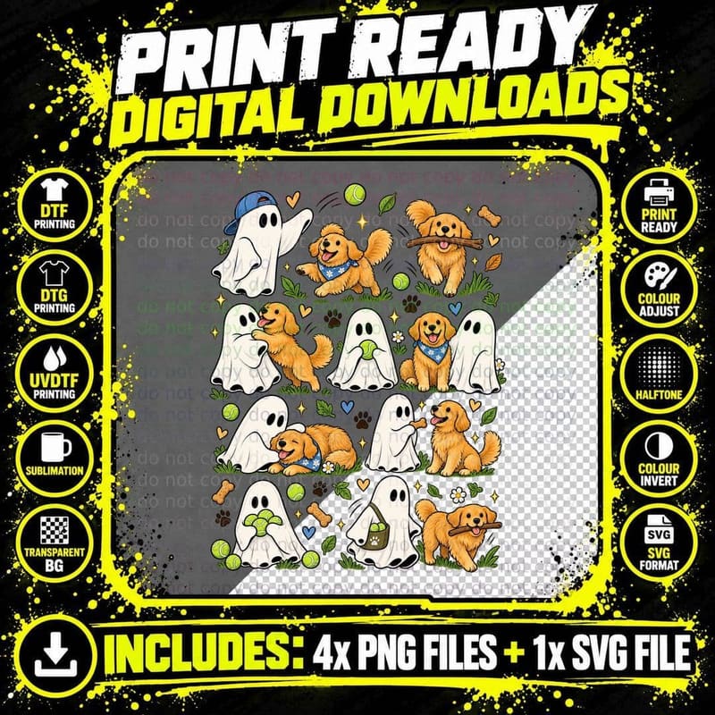 Golden Retriever Ghost Halloween Dog Fetch Tennis Ball Png SVG Digital Bundle