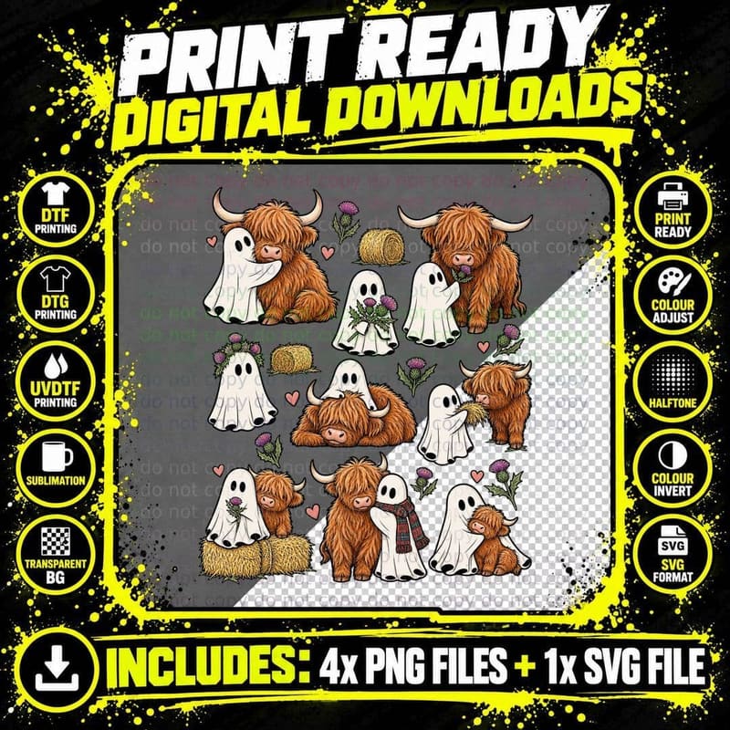 Highland Cow Ghost Scottish Cow Lover Cute Halloween Png SVG Digital Bundle
