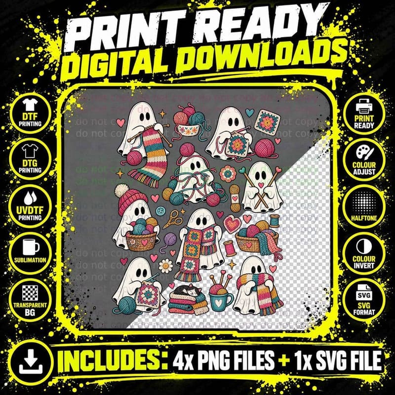 Knitting Ghost Crochet Yarn Granny Square Craft Lover Png SVG Digital Bundle