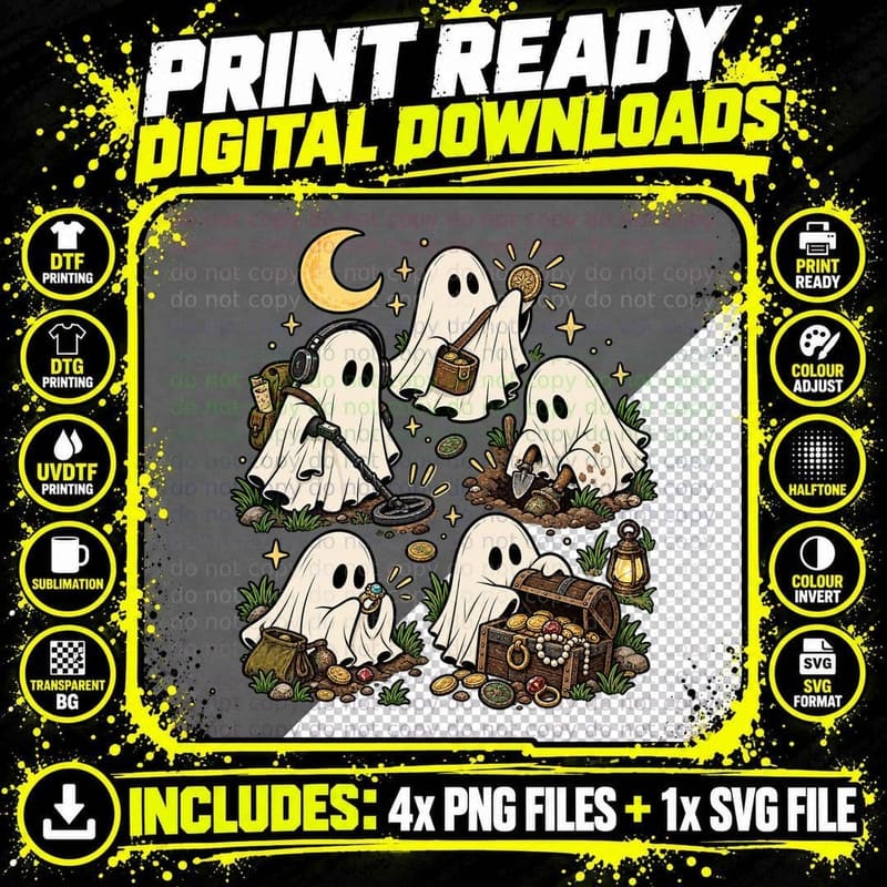 Metal Detecting Ghost Treasure Hunter Coin Hunting Png SVG Digital Bundle