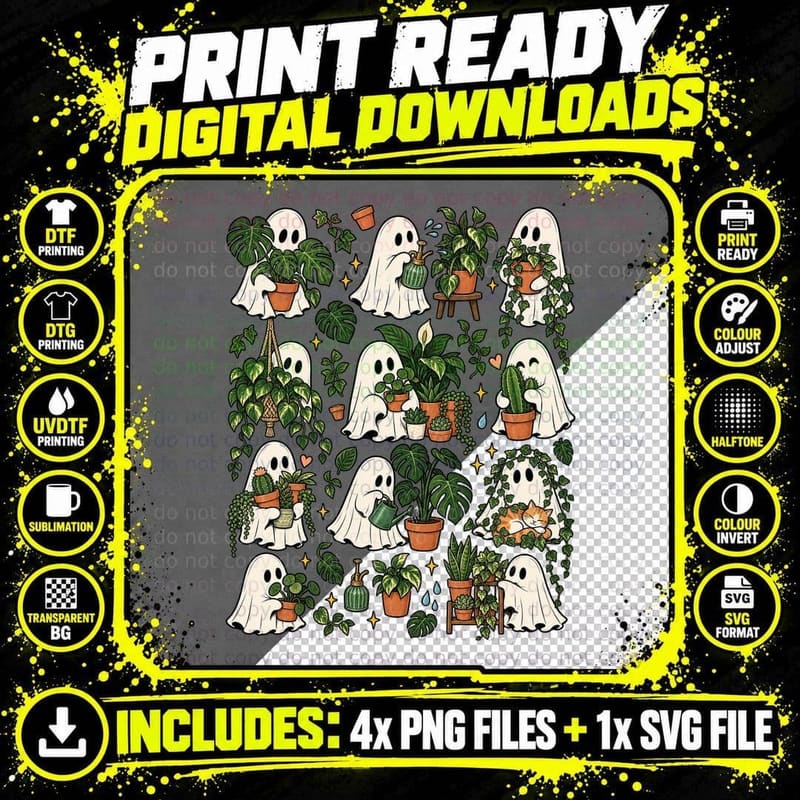Plant Lover Ghost Houseplant Retro Halloween Cute Png SVG Digital Bundle