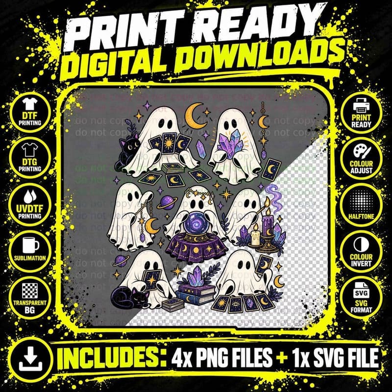 Tarot Ghost Crystal Ball Celestial Witch Moon Stars Png SVG Digital Bundle