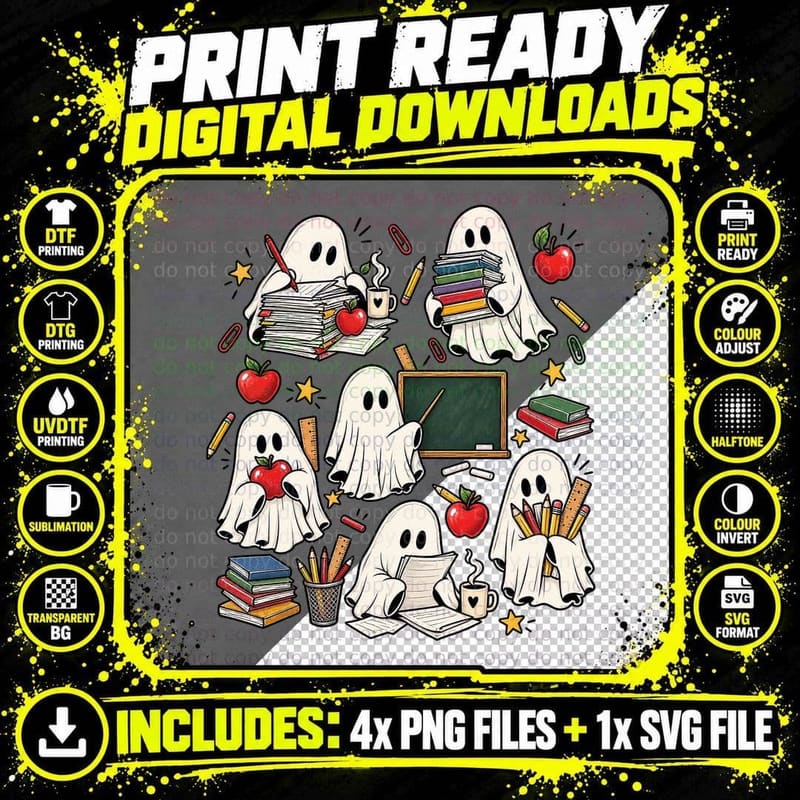 Teacher Ghost School Books Apples Pencils Cute Halloween Png SVG Digital Bundle
