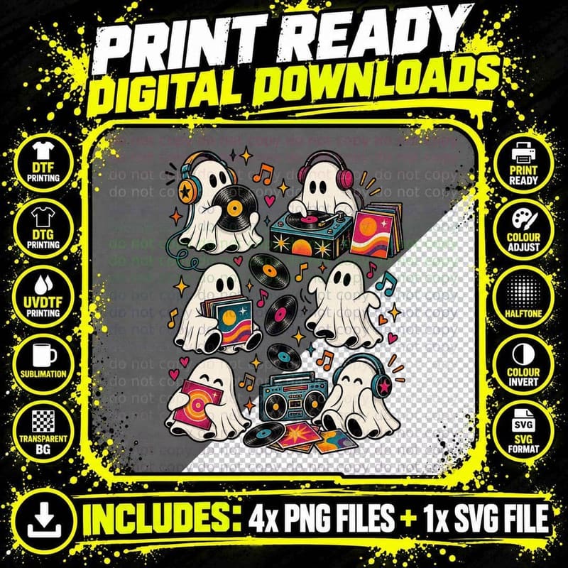 Vinyl Record Ghost Music Lover DJ Turntable Retro Png SVG Digital Bundle