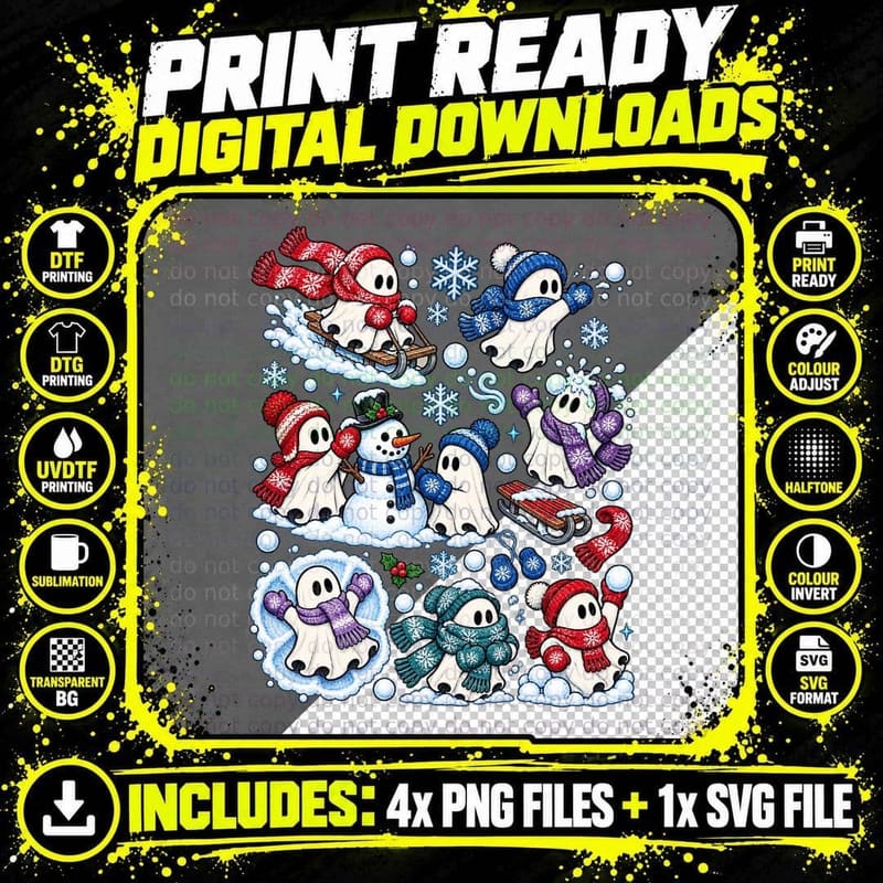 Winter Ghost Snowman Sledding Snowball Cute Christmas Png SVG Digital Bundle