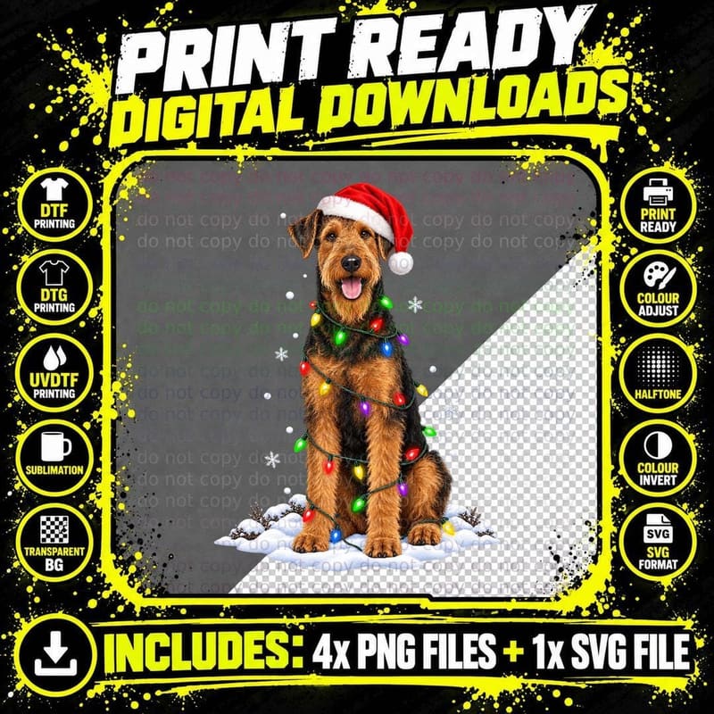 Airedale Terrier Christmas Dog Santa Hat Fairy Lights Png SVG Digital Bundle
