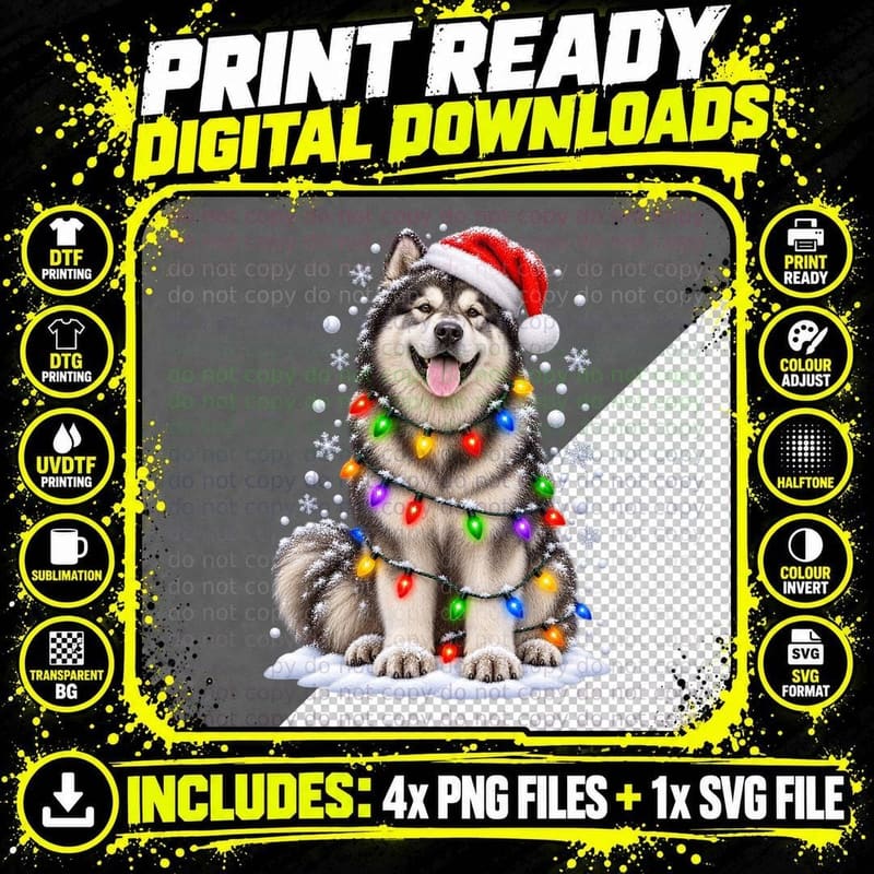 Alaskan Malamute Christmas Santa Hat Tangled Fairy Lights Snow Dog T-Shirt Png SVG Digital Bundle