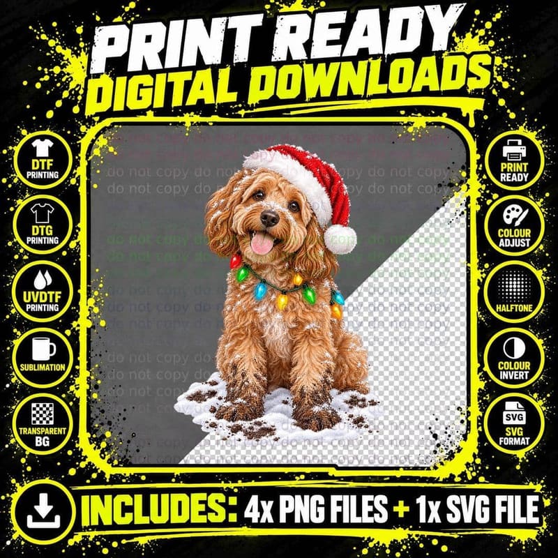 Apricot Cockapoo Christmas Dog Vintage Painted Santa Png SVG Digital Bundle