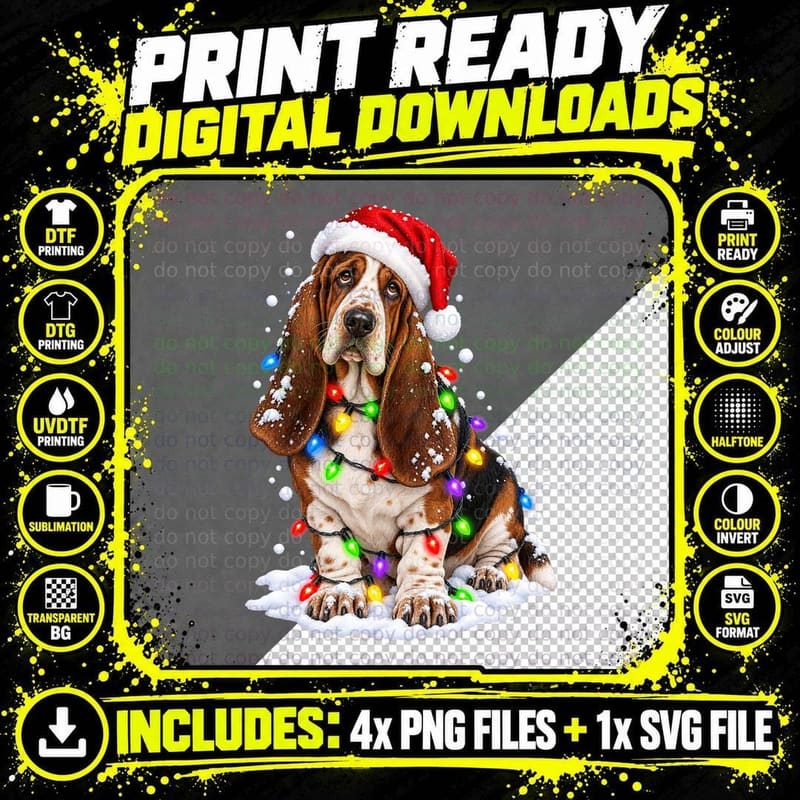Basset Hound Christmas Dog Santa Hat Fairy Lights Snow Png SVG Digital Bundle