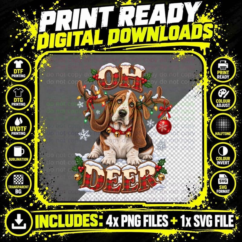 Basset Hound Christmas Oh Deer Reindeer Funny Dog Png SVG Digital Bundle