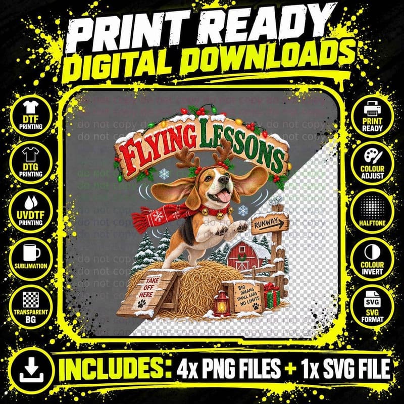Beagle Christmas Flying Lessons Reindeer Dog Vintage Png SVG Digital Bundle