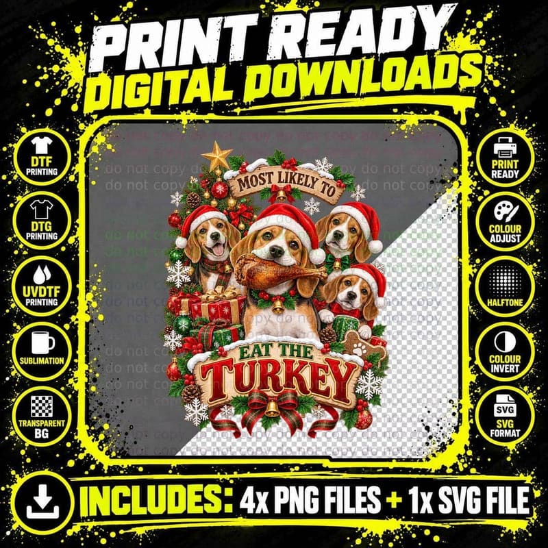 Beagle Christmas Most Likely To Eat The Turkey Funny Png SVG Digital Bundle