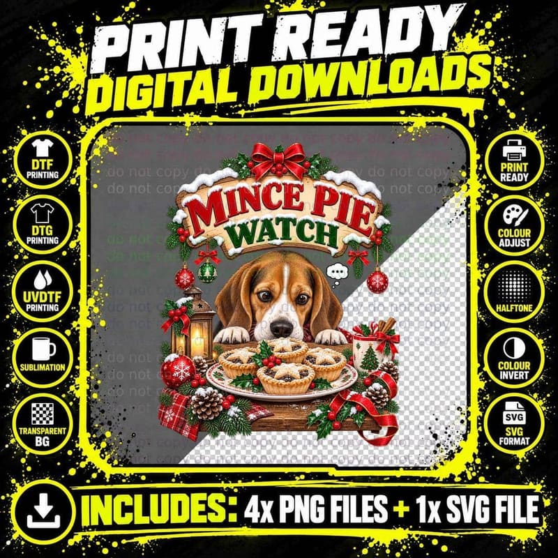 Beagle Mince Pie Watch Funny Christmas Dog Lover Retro Png SVG Digital Bundle