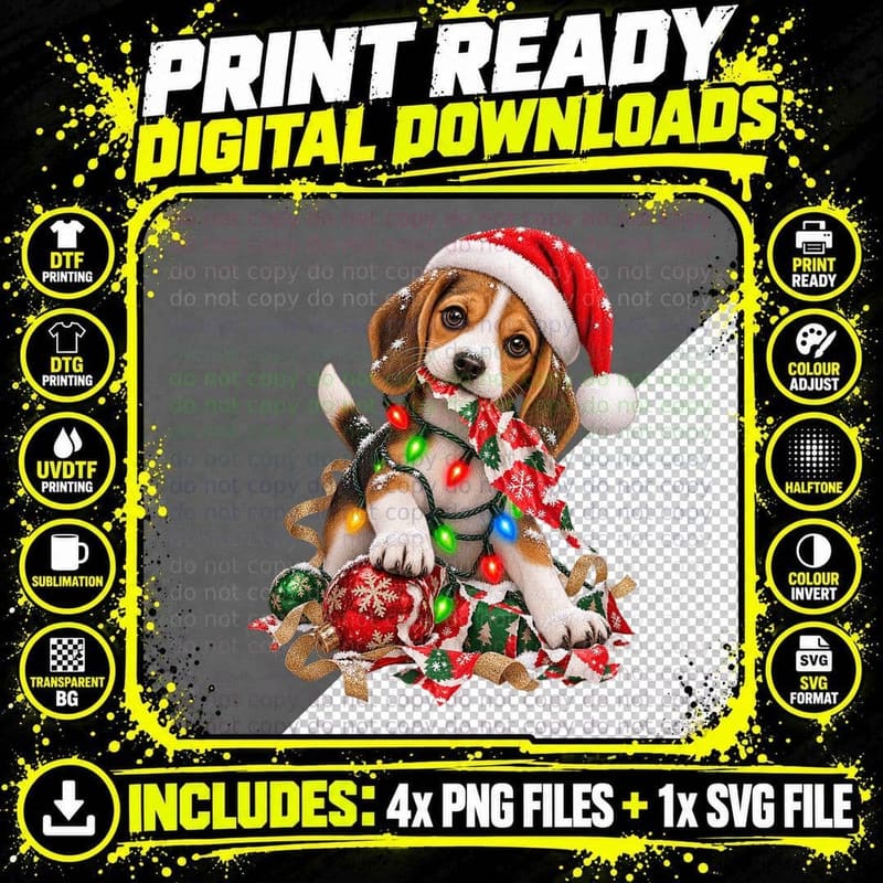 Beagle Puppy Christmas Santa Hat Fairy Lights Snow Cute Png SVG Digital Bundle