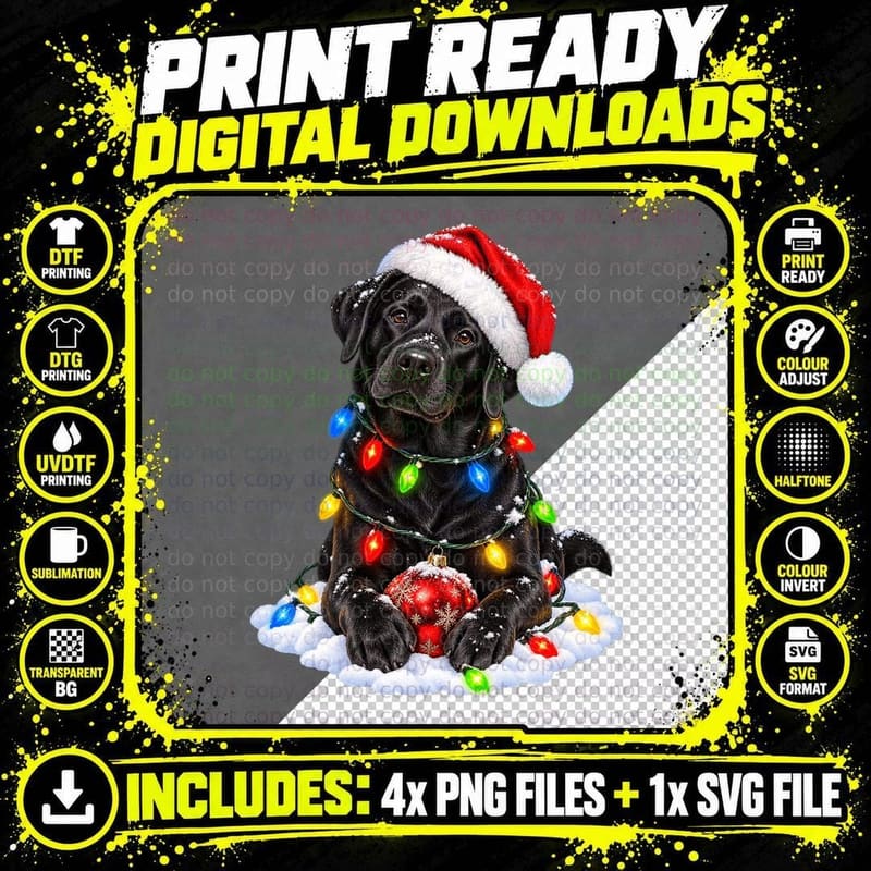 Black Labrador Christmas Dog Santa Holiday Lights Png SVG Digital Bundle