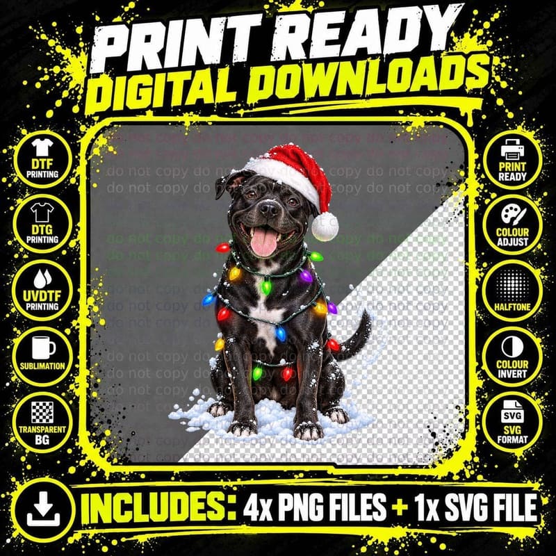 Black Staffy Christmas Santa Hat Fairy Lights Snow Png SVG Digital Bundle