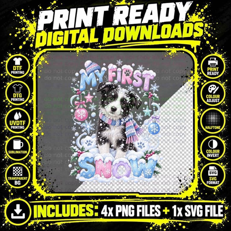 Border Collie Puppy First Snow Christmas Dog Lover Png SVG Digital Bundle