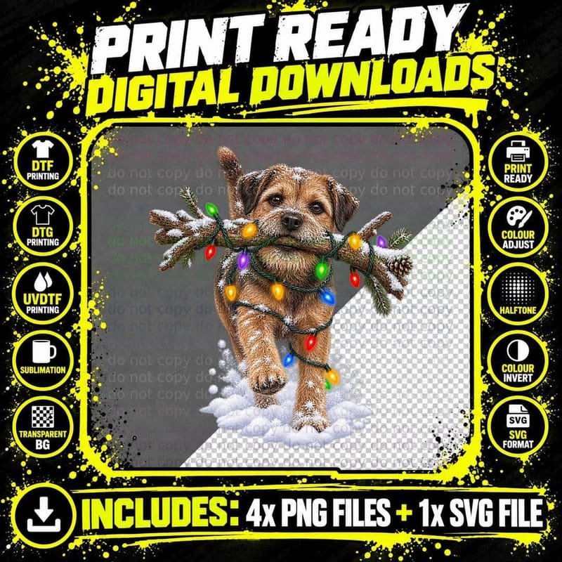 Border Terrier Christmas Fairy Lights Snow Funny Stick Png SVG Digital Bundle