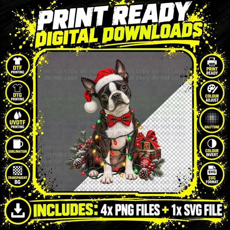 Boston Terrier Christmas Santa Hat Tartan Bow Tie Fairy Lights Dog T-Shirt Png SVG Digital Bundle
