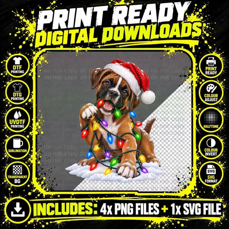 Boxer Puppy Christmas Santa Hat Fairy Lights Snow Funny Png SVG Digital Bundle