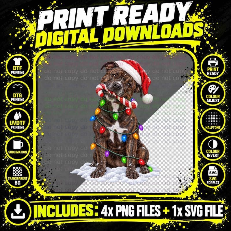 Brindle Staffy Christmas Dog Vintage Painted Candy Cane Png SVG Digital Bundle