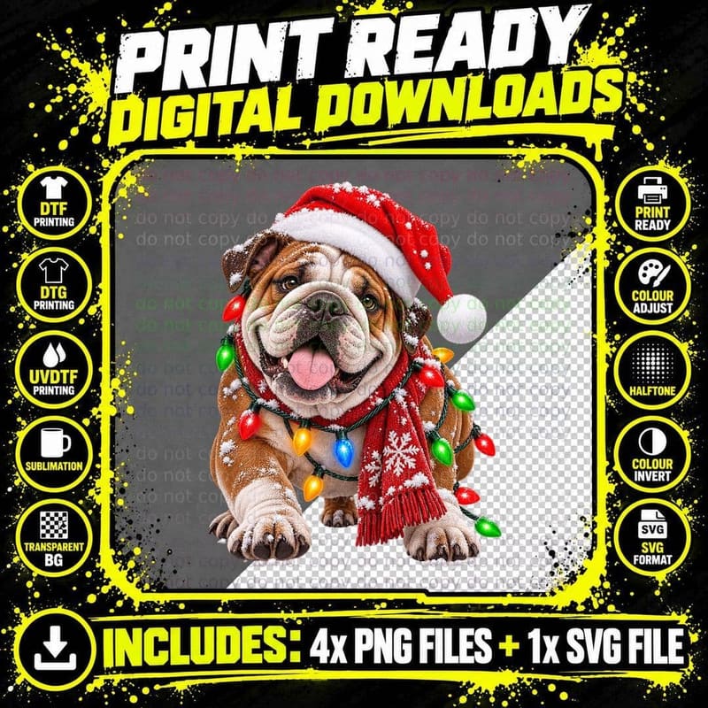 British Bulldog Christmas Dog Santa Hat Fairy Lights Png SVG Digital Bundle