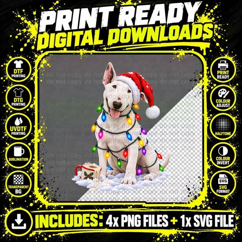 Bull Terrier Christmas Dog Lover Holiday Tee Santa Hat Png SVG Digital Bundle
